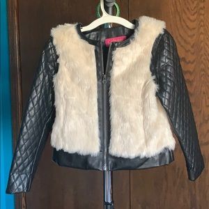 Kids Black Faux Leather Jacket with faux fur